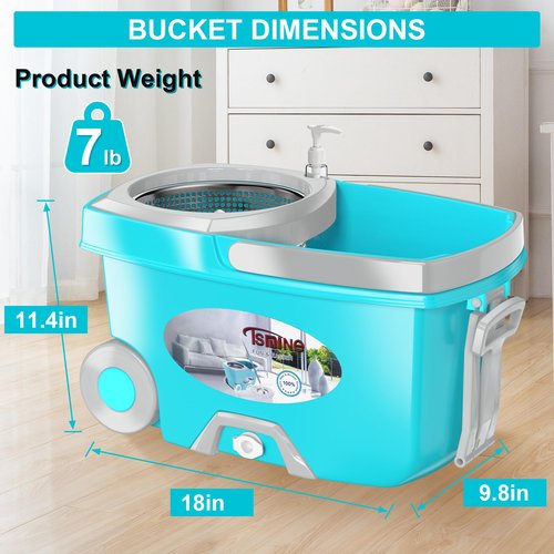 FunClean Spin Mop and Bucket,Mop and Bucket with Wringer Set for Home,360 Spinning Mopping Floor Cleaning Tool with 6 Microfiber Replacement Head Refills,61" Extended Handle, 2X Wheel - Blue