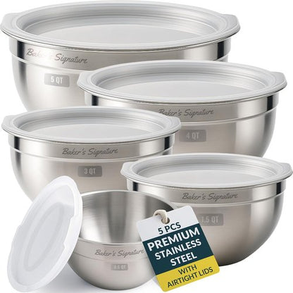 Baker's Signature Stainless Steel Mixing Bowls - Set of 5 Nesting Bowls with Lids | Dishwasher Safe, 0.5-5 Qt