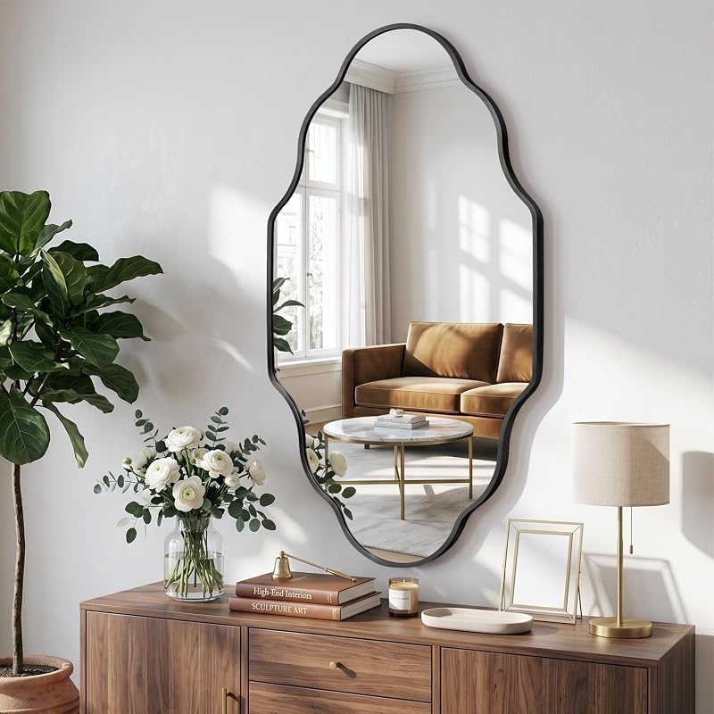 Scalloped Black Bathroom Mirror - 20"L x 36"W, Irregular Wall Decor (1 Pack)