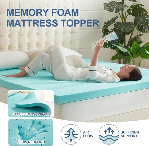 Eiayeebil Memory Foam Mattress Topper - Gel-Infused Ventilated Comfort | Twin XL Size, Soft Blue