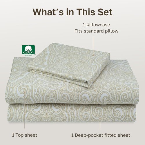 California Design Den Twin Size Cotton Sheets Set - 100% Soft Cotton, 400 Thread Count, Award-Winning Sateen Finish - Paisley Beige