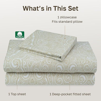 California Design Den Twin Size Cotton Sheets Set - 100% Soft Cotton, 400 Thread Count, Award-Winning Sateen Finish - Paisley Beige