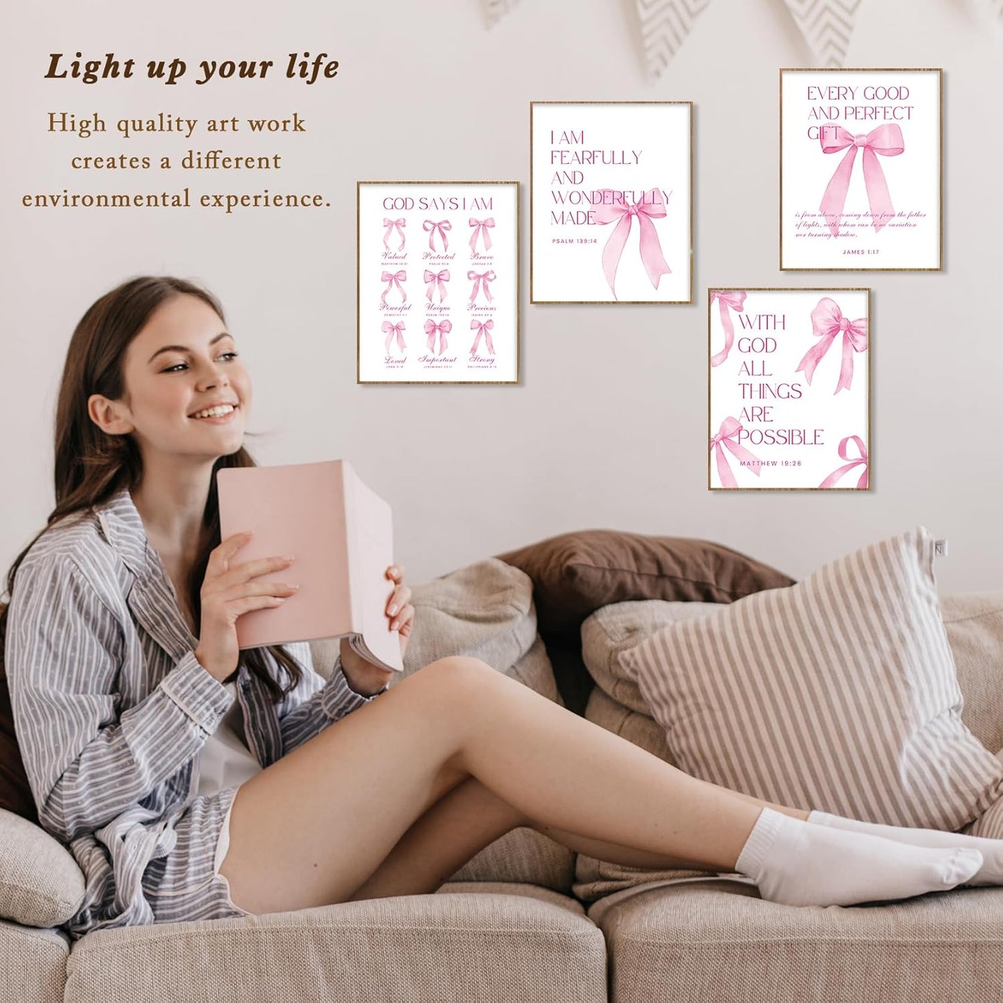 Shescrzionu Coquette Room Decor - 4 PCS Pink Bow Aesthetic Wall Art for College Girls | 10x8 Inch Set