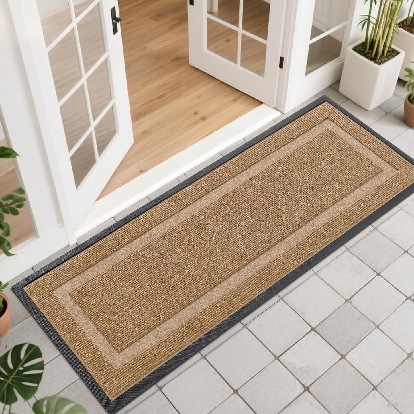 OLANLY Indoor Outdoor Front Door Mat - Waterproof, All-Weather, Easy Clean | 47x17 Light Brown