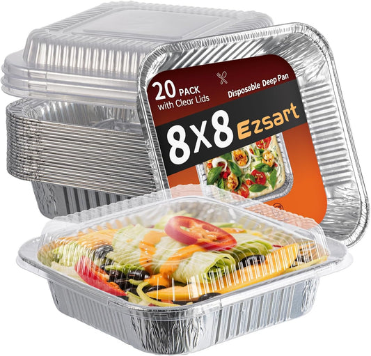 8x8 Aluminum Pans - 20 Pack Disposable Baking Trays with Clear Lids for Cooking and Food Storage