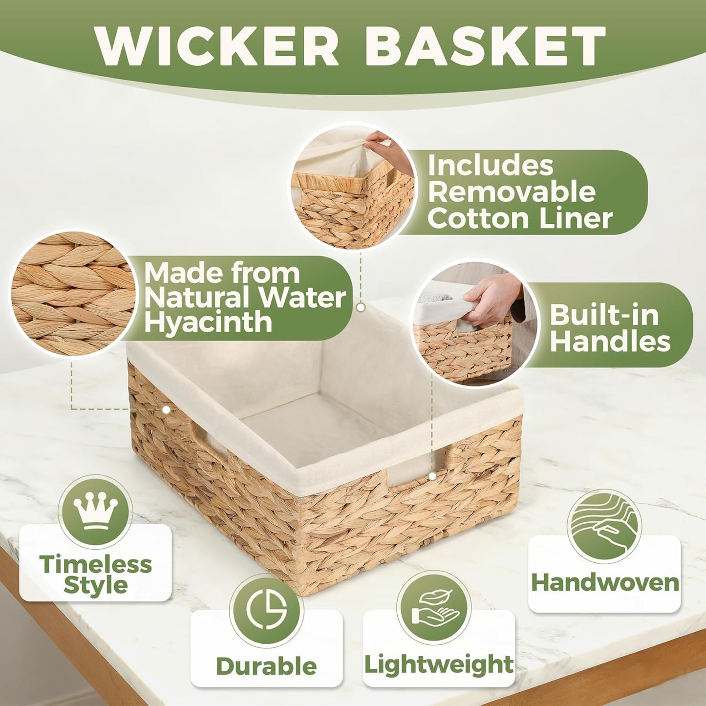 Wicker Shelf Storage Baskets - Natural Water Hyacinth Organizers with Handles & Cotton Liner | Large 15” x 12” x 6”