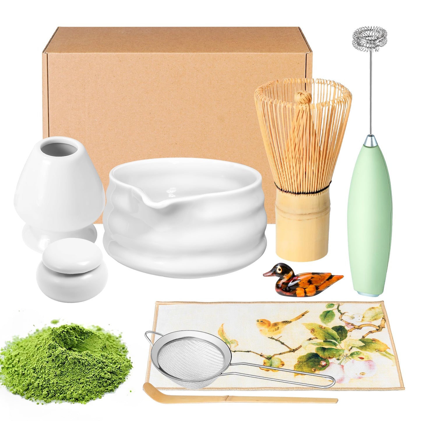 Matcha Whisk Set and Bowl, Matcha Making Kit Whisk, Bowl With Spout, Powder Starter Sifter, Ceramic Whisk Holder, Spoon Japanese Tea Tools For Ceremony Gift (White, 9 Pack)