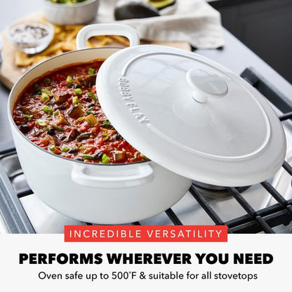 GreenPan x Bobby Flay 5.5QT Enameled Cast Iron Round Dutch Oven with Lid, Dual Handles, Oven Safe to 500F & Induction Suitable, Self Basting Lid, Ultra-Durable, Sear, Braising, Bread, Stews, Ivory