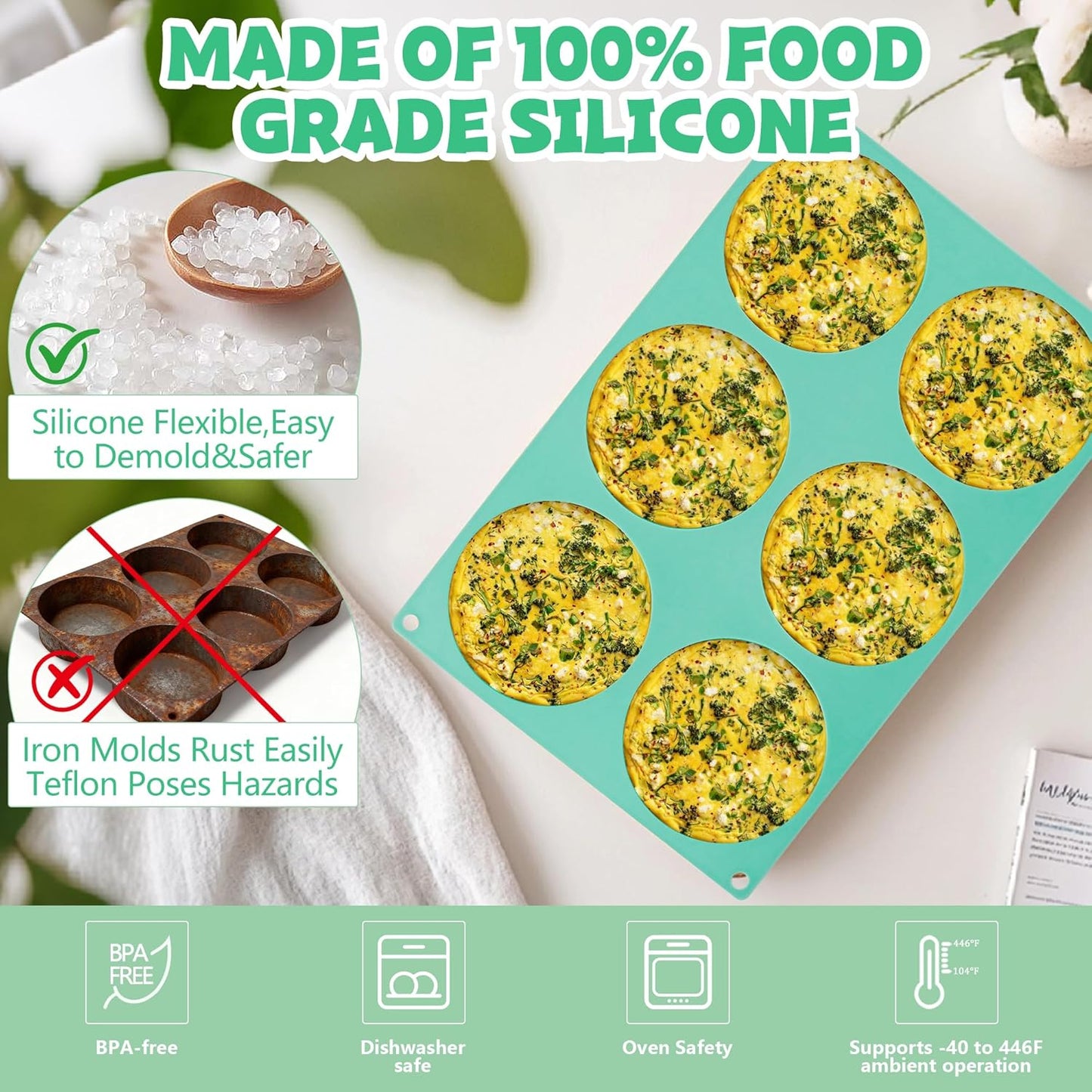 Skiennix 4-Inch Round Silicone Baking Mold - Non-Stick 6-Cavity Muffin Top Pan | 2-Piece Set