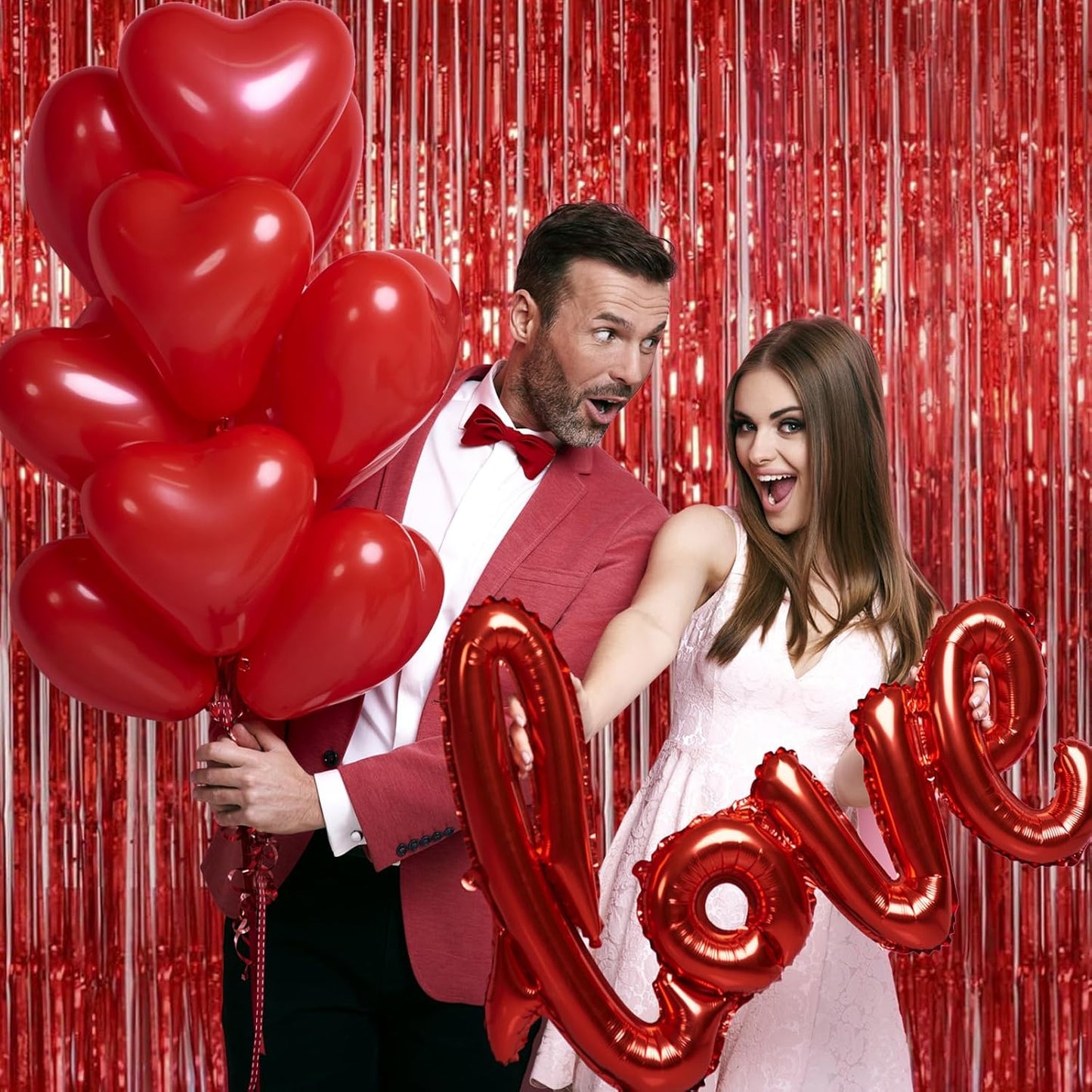 Melsan Red Tinsel Fringe Backdrop - 3.2 x 8 Ft Metallic Foil Curtains for Birthday & Photo Booth | 2 Packs