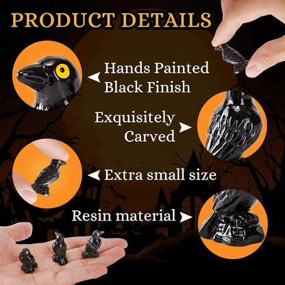 Skiennix Miniature Resin Crows - 30 Pcs Black Raven Figurines for Spooky Halloween Decor & DIY Crafts