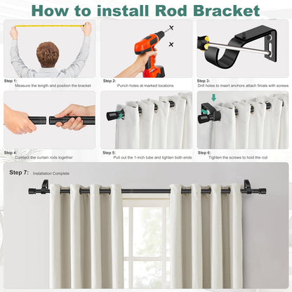 Ottsuls Curtain Rods - Adjustable 32-46 Inches | Heavy Duty Black Metal Set with Brackets