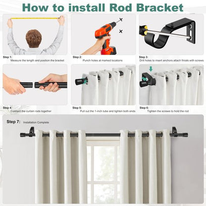 Ottsuls Curtain Rods for Windows, 32 to 46 or 58 Inches Max Adjustable Length, 1 Inch Diameter, Black Decorative Curtain Rod Set, Rustproof Heavy Duty Metal Pole with Brackets
