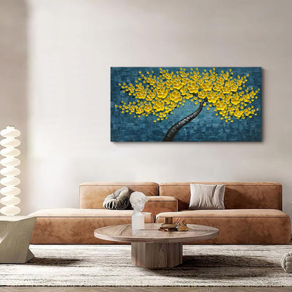 Epicler art 100% Hand Painted 3D Yellow Flower Tree Oil Painting Blue Canvas Texture Mural Living Room Bedroom Dining Room Mural 24x48 inches