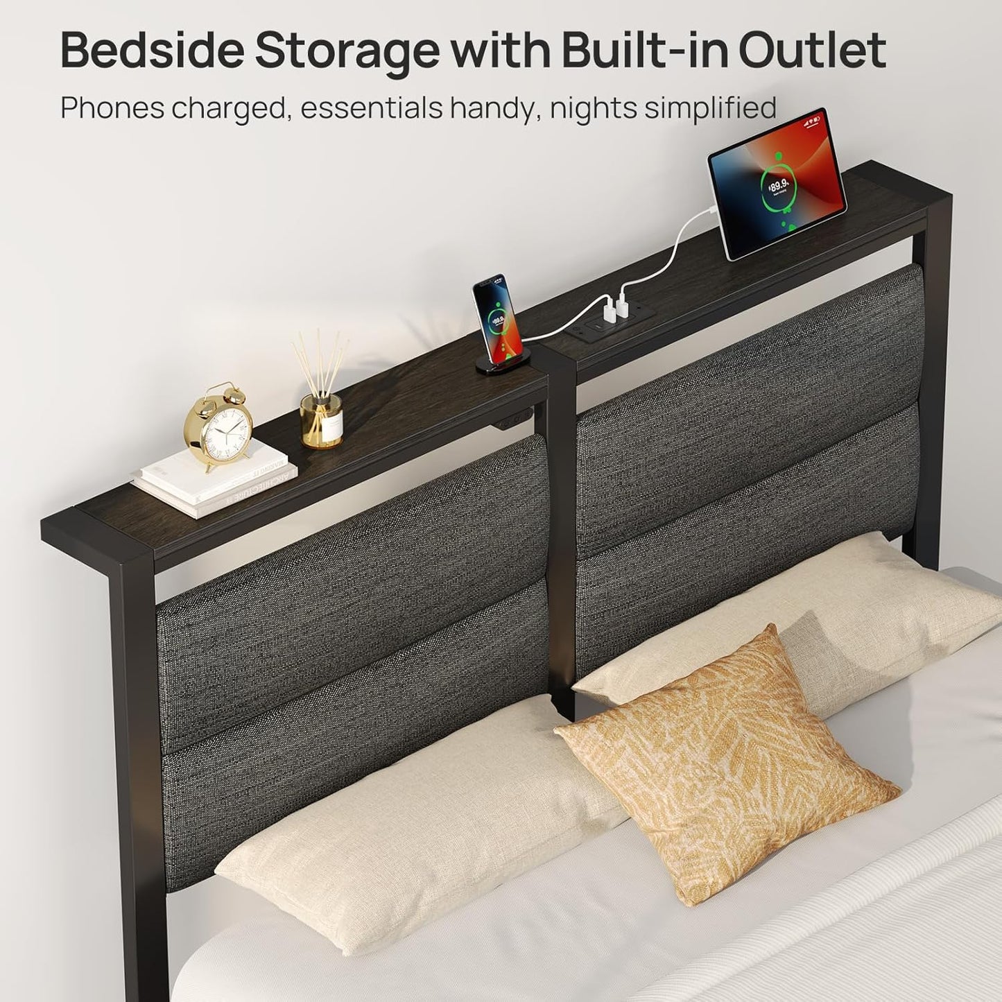 Rolanstar Full Size Bed Frame - LED Upholstered Storage Headboard with Charging Station | Grey