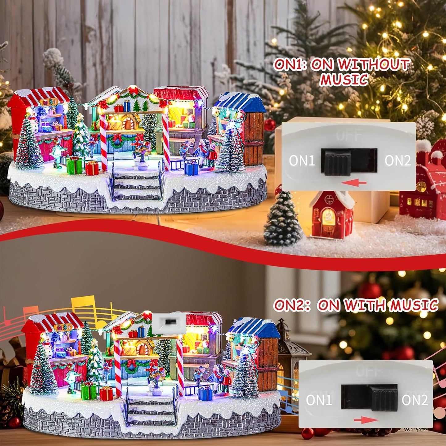 Bdor Christmas Market Village Scene - LED Lights & Musical Animation | 8.3 x 5.9 x 5.9 Inches Holiday Décor