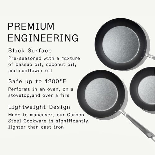 Made In Cookware - 3 Piece Seasoned Blue Carbon Steel Frying Pan Set | Induction Compatible | Professional Quality