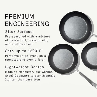 Made In Cookware - 3 Piece Seasoned Blue Carbon Steel Frying Pan Set | Induction Compatible | Professional Quality