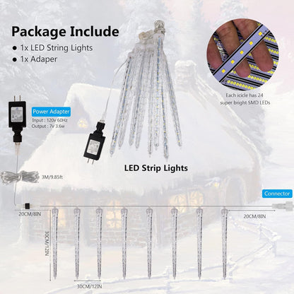 WATERGLIDE Meteor Shower Lights - 12" Outdoor Icicle Christmas Lights with 192 SMD LEDs | Connectable Blue Raindrop Decor