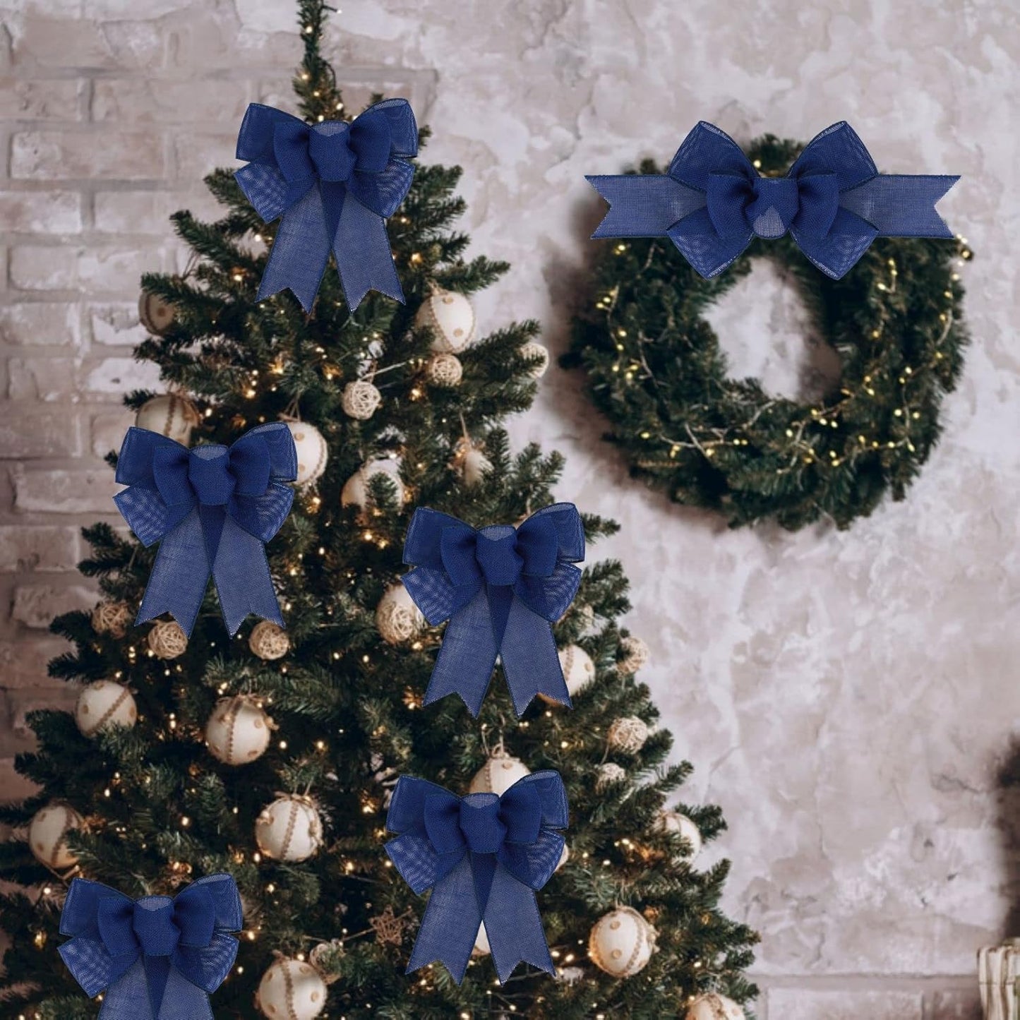 Meseey Navy Blue Wired Ribbon - 2 Pcs Handmade Burlap Bows for Wreaths & Gift Wrapping