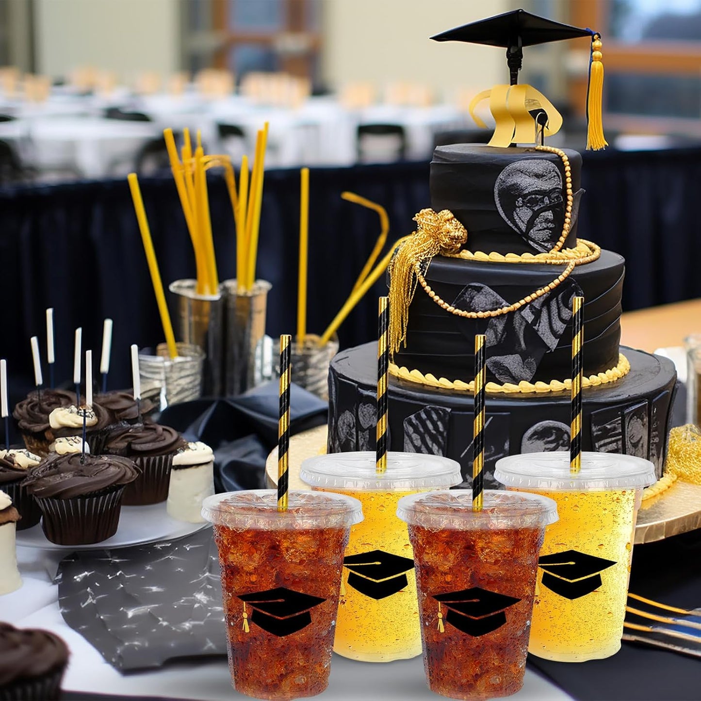 Whaline 50Pcs 12Oz Graduation Cups - Black Graduation Cap Design with Lids & Straws for Party Supplies