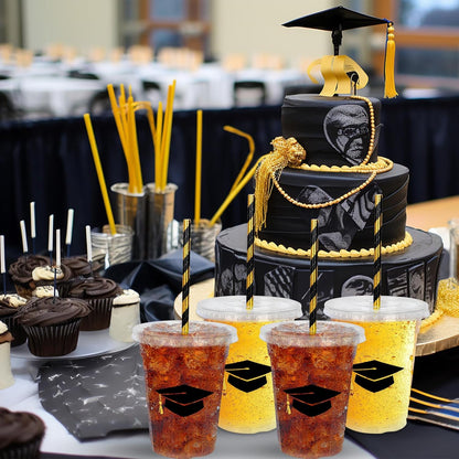 Whaline 50Pcs 12Oz Graduation Cups - Black Graduation Cap Design with Lids & Straws for Party Supplies