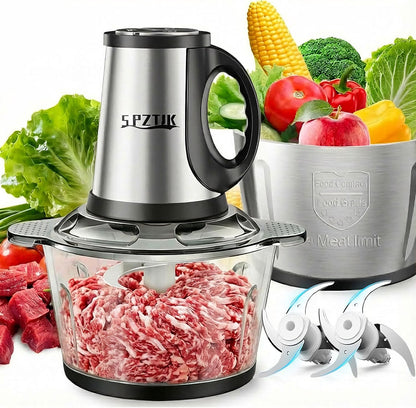 Skiennix 3-Speed Electric Food Processor - Versatile Meat Grinder & Vegetable Chopper | 300W, 2 Bowls (8 Cup Stainless Steel + 8 Cup Glass)