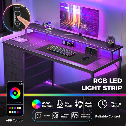 DUMOS 40-Inch Computer Desk - 4 Drawers with Power Outlets & LED Lights | Compact Office Desk in Black