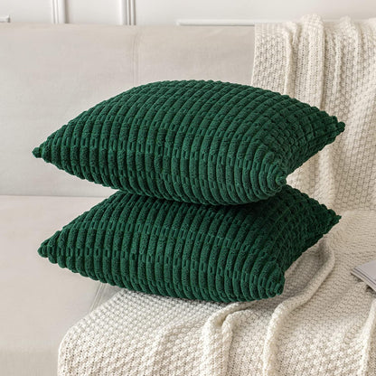 MIULEE Euro Sham Pillow Covers - Soft Dark Green Corduroy | 24x24 Inch Boho Striped Decor for Sofa & Bed