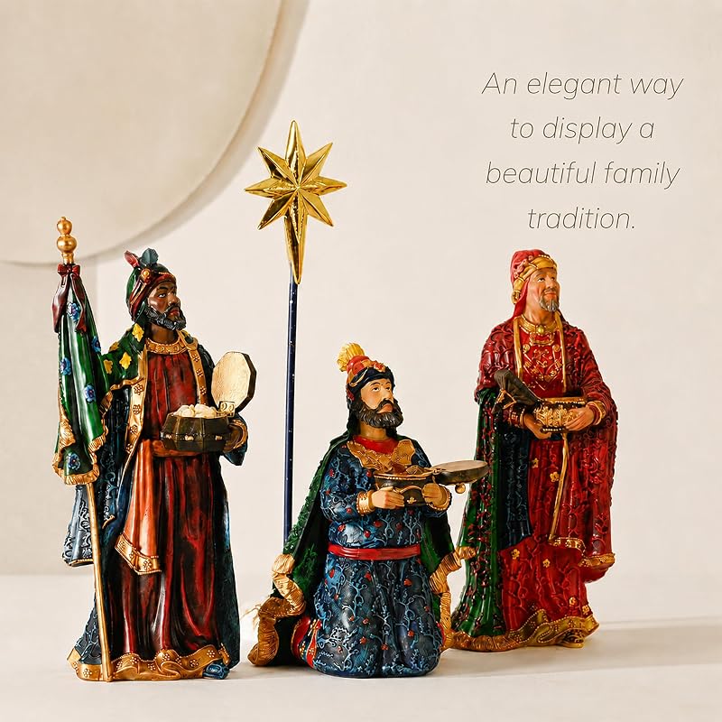 10-Inch Nativity Set 4-Piece Magi Figures with Star – Polystone, Hand Painted, Flat Bottom Base