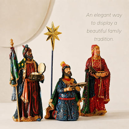 10-Inch Nativity Set 4-Piece Magi Figures with Star – Polystone, Hand Painted, Flat Bottom Base