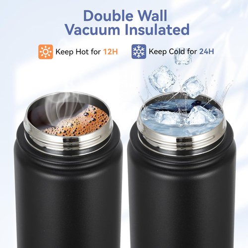 HASLE OUTFITTERS Insulated Water Bottle - 16 oz Double Wall Stainless Steel | Leak Proof, Wide Mouth, Black