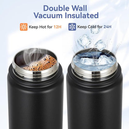 HASLE OUTFITTERS Insulated Water Bottle - 16 oz Double Wall Stainless Steel | Leak Proof, Wide Mouth, Black