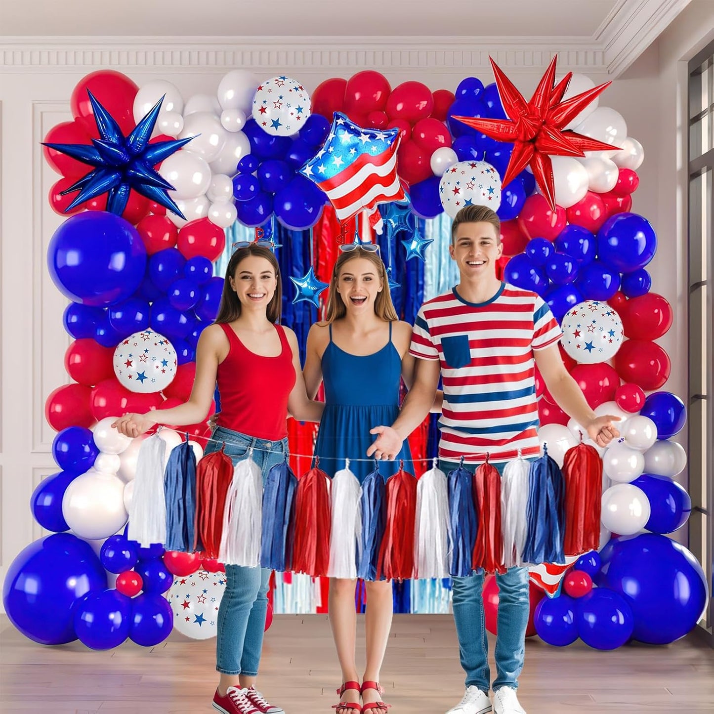 Patriotic Balloon Garland Arch Kit - Red, White & Blue Star Print & Flag Foil Balloons for 4th of July & Memorial Day Decor