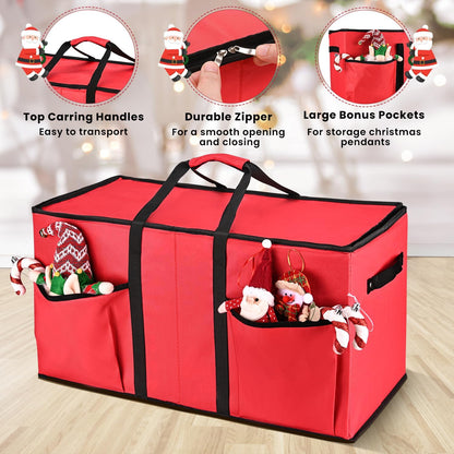 Mrrihand Ornament Storage Box - Dual Zipper Holiday Decoration Organizer for 128 3-Inch Ornaments (Red)