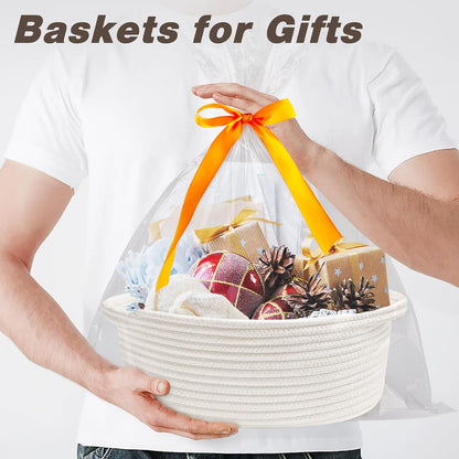 Pro Goleem Small Woven Easter Basket - Durable Gift Basket with Ribbons & Handles | 12" x 8" x 5" White
