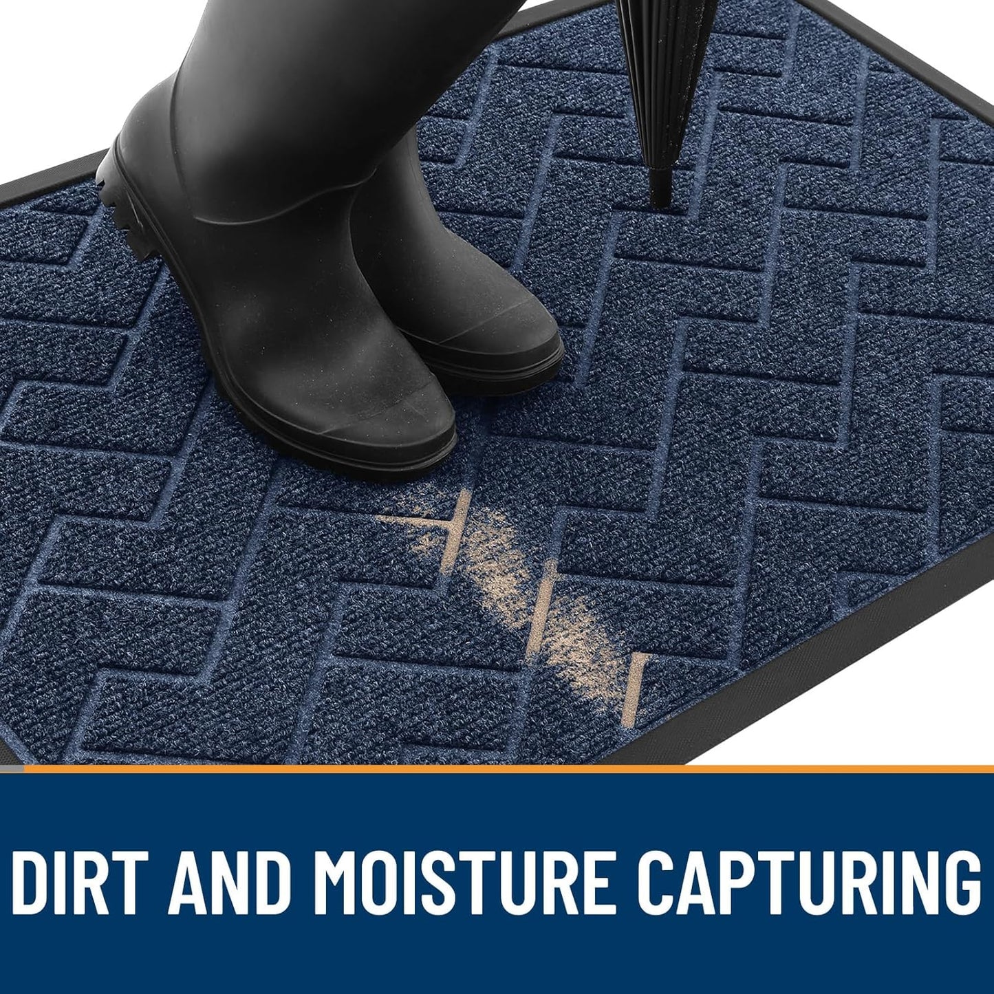OLANLY Waterproof Front Door Mat - All-Season Herringbone Design, Easy Clean, Natural Rubber | Blue, 71x47
