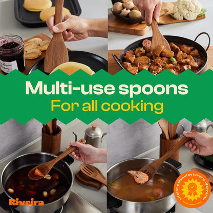 Riveira Teak Wooden Cooking Spoons Set of 6 - Premium Natural Teak Utensils for Non-Toxic Cooking