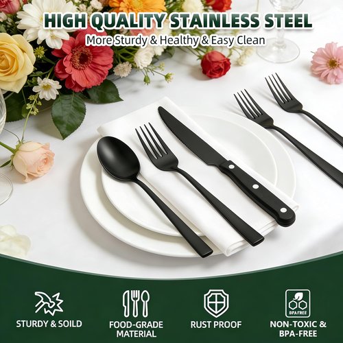 CEKEE 72-Piece Stainless Steel Flatware Set - Elegant Black & Silver Cutlery for 12 with Steak Knives