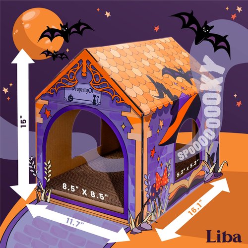 LiBa Cardboard Holiday Cat House with Scratch Pad and Catnip, Cat Bed for Indoor Cats, Cat Scratching Toy, Christmas Decorations Cat Gifts for Cats Pumpkin House