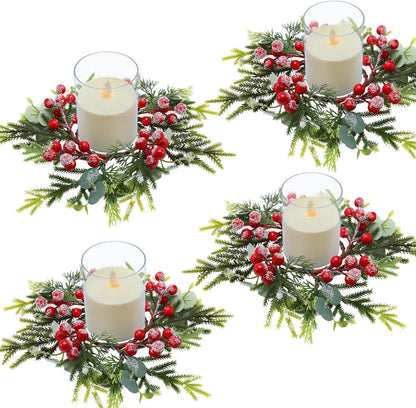 Regine Switzerland Christmas Candle Rings - Mini Wreaths with Red Berries | 2.76-Inch Snowy Pine Garland for Festive Table Centerpieces