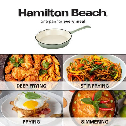 Hamilton Beach Enameled Cast Iron Fry Pan 8-Inch Sage, Cream Enamel Coating, Skillet Pan For Stove top and Oven, Even Heat Distribution, Durable