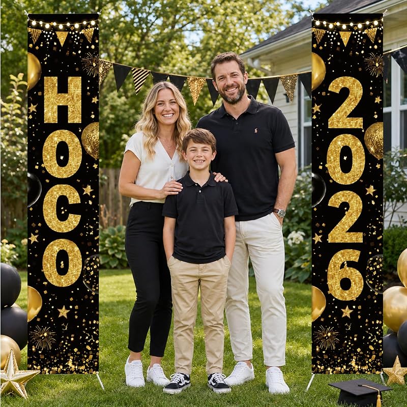 HOCO 2026 Welcome Banner Set - Black & Gold Porch Signs, 3-Piece Yard Decor for Homecoming