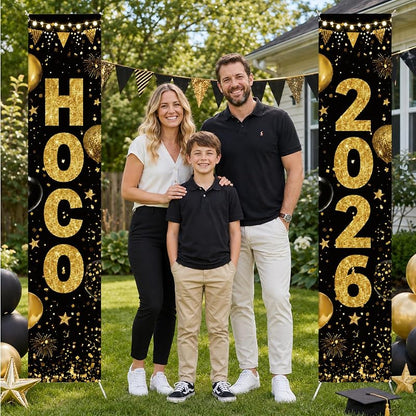 HOCO 2026 Welcome Banner Set - Black & Gold Porch Signs, 3-Piece Yard Decor for Homecoming