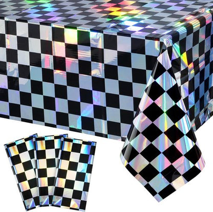 Checkered Plastic Tablecloths by Iridescent | Shiny Disposable Laser Rectangle Covers - 54x108 Inch for Parties