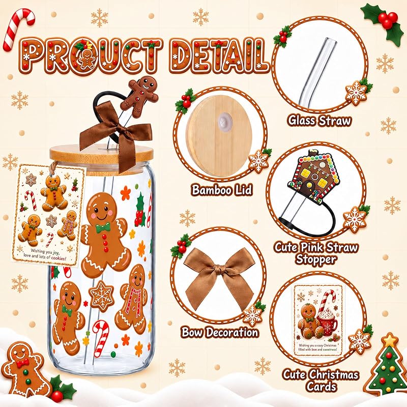 6 Pcs Christmas Glass Cups with Lids, Straws & Stoppers - Gingerbread Man (Variation of THIS listing: 6+Gingerbread Man)
