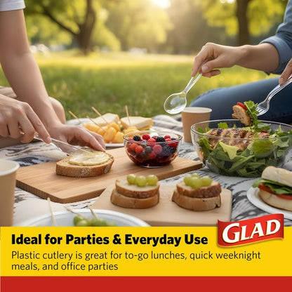 Glad Clear Disposable Cutlery Set with Heavy Duty Plastic Forks, Knives, and Spoons, Reusable Dishwasher Safe Plastic Utensils for Parties and Everyday Use, 24 Count