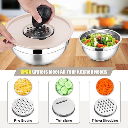 E-far Stainless Steel Mixing Bowls Set - 5-Piece Nesting Bowls with Lids & Grater Attachments | Khaki