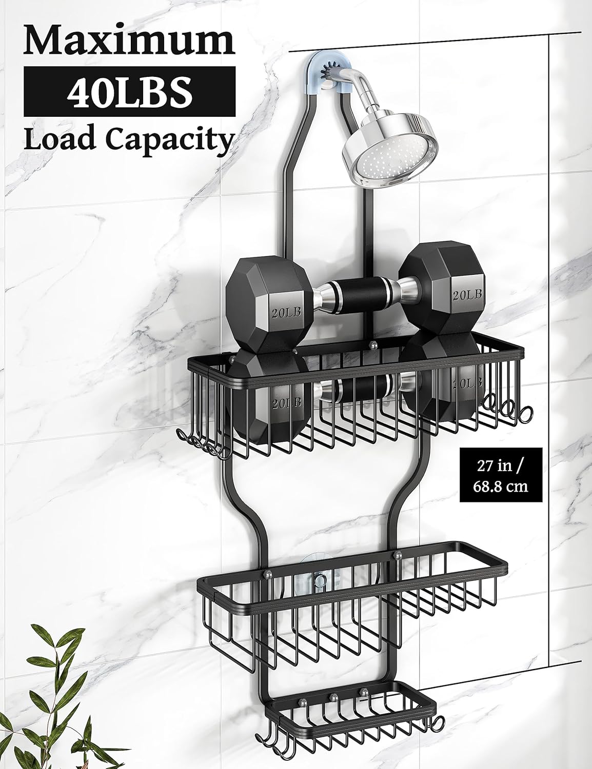 YASONIC Shower Caddy - Large Rust-Proof Aluminum Over Shower Head Organizer with 10 Hooks - Black