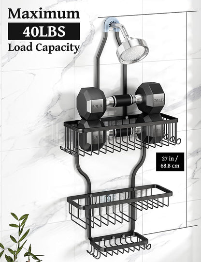 YASONIC Shower Caddy - Large Rust-Proof Aluminum Over Shower Head Organizer with 10 Hooks - Black